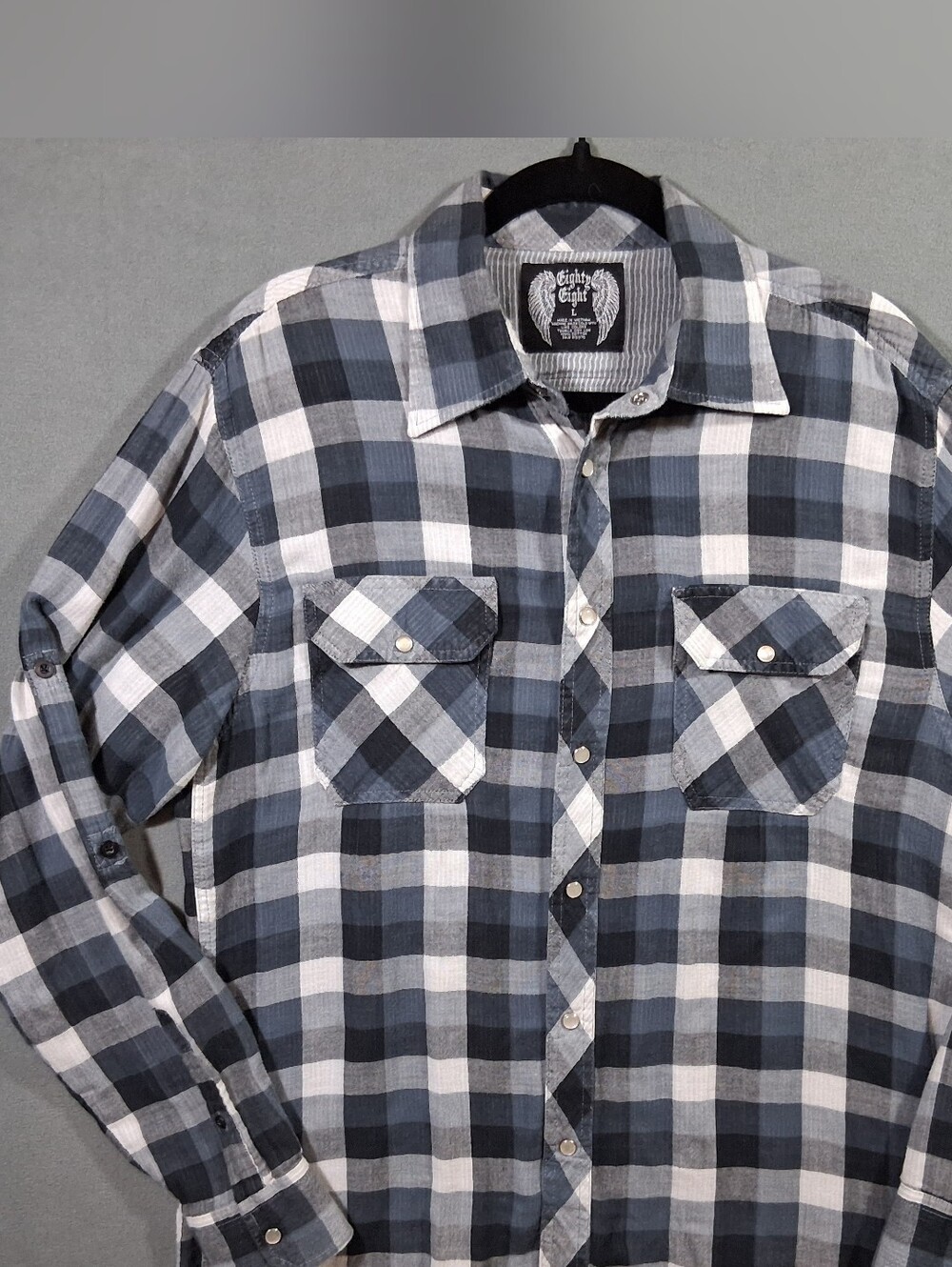 Mens Large Eighty Eight Plaid Flannel Pearl Snaps Blue/White/Grey Western Cowboy